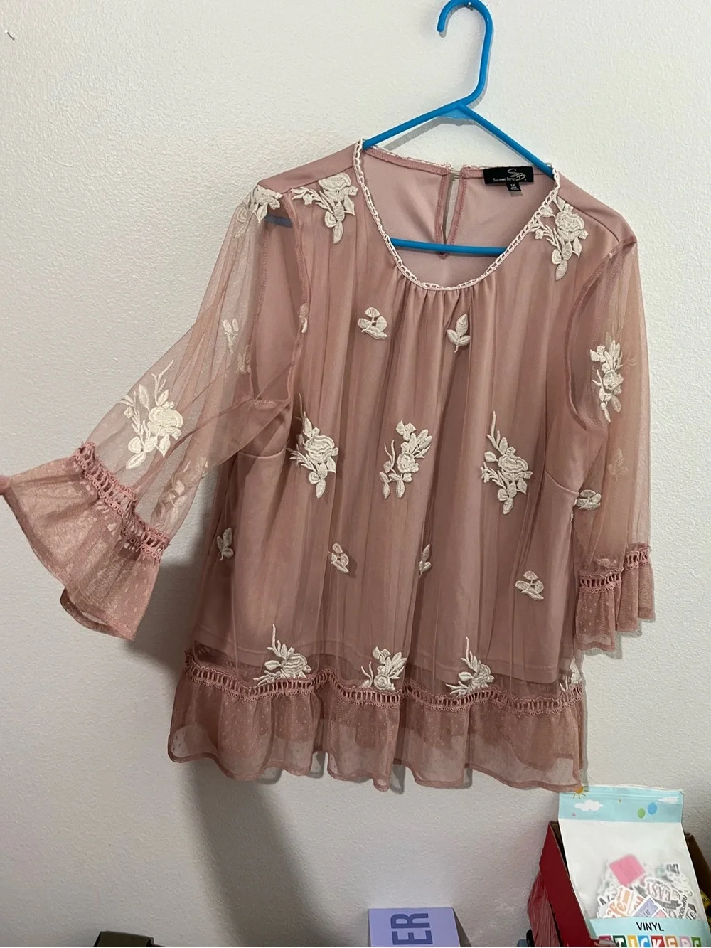 Suzanne Betro Dusty Rose Mesh Tunic with Ivory Floral Appliqué